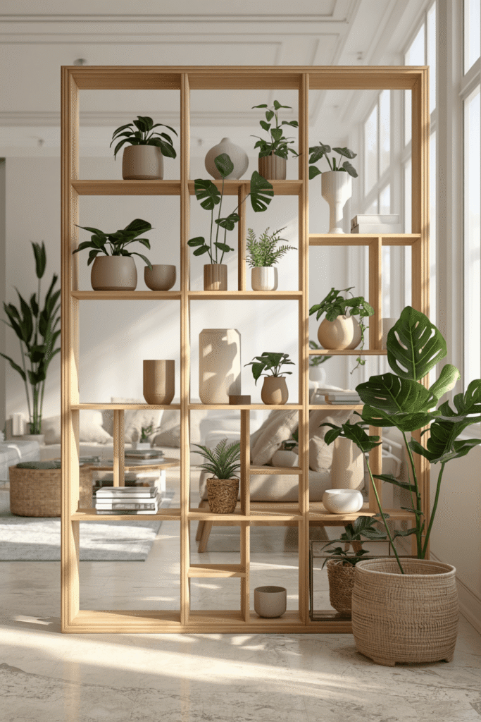 Minimal Wooden Grid Room Divider Shelf with Indoor Plants for Elegant Home Styling
