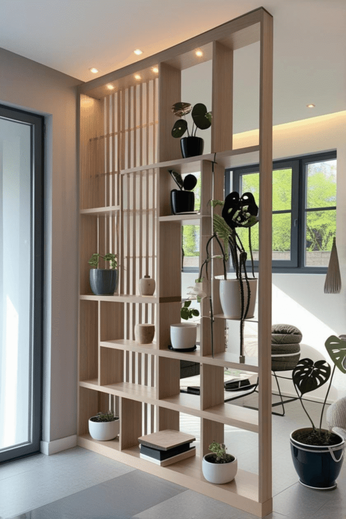 Minimal Wooden Slat Room Divider Shelf with LED Lighting and Modern Plant Display