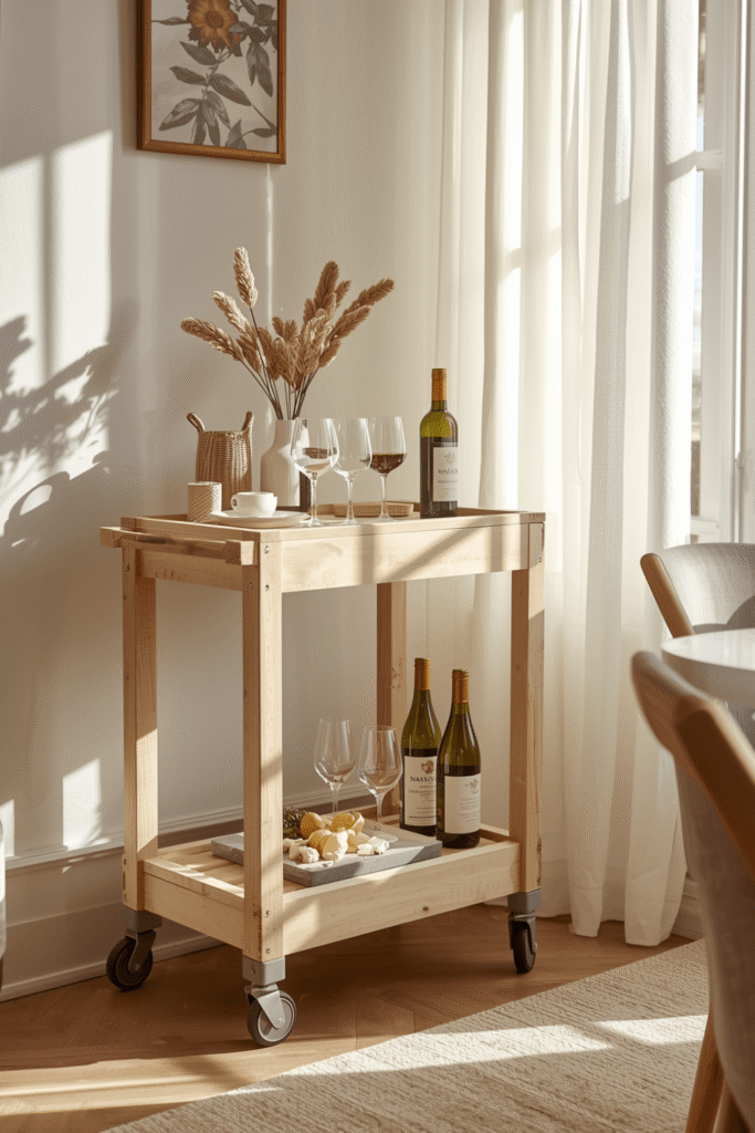 Minimalist Wooden Bar Cart on Wheels Scandinavian Home Decor Modern Serving Trolley Trend