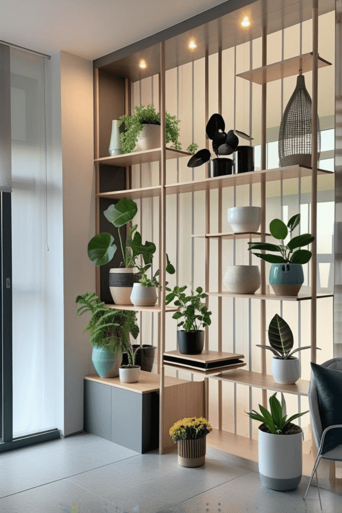 Minimalist Wooden Room Divider Shelf with Indoor Plant Styling Ideas