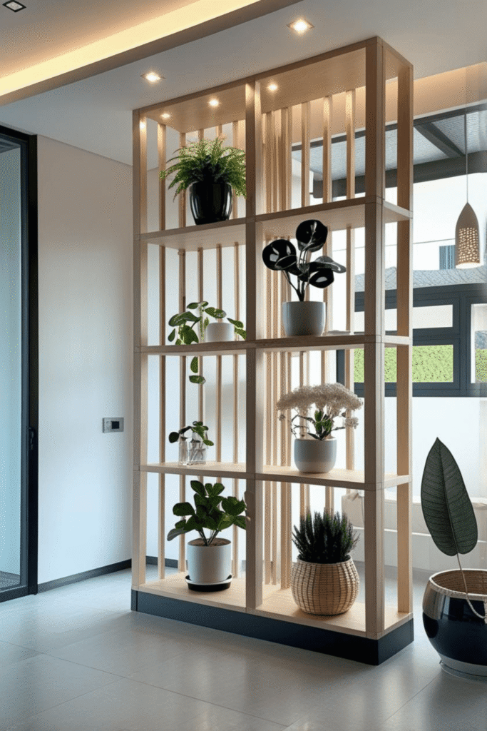 Modern Freestanding Wooden Room Divider Shelf with LED Lights and Plant Decor