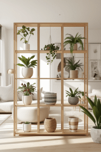Modern Grid Wooden Room Divider Shelf with Indoor Plants for Stylish Living Spaces