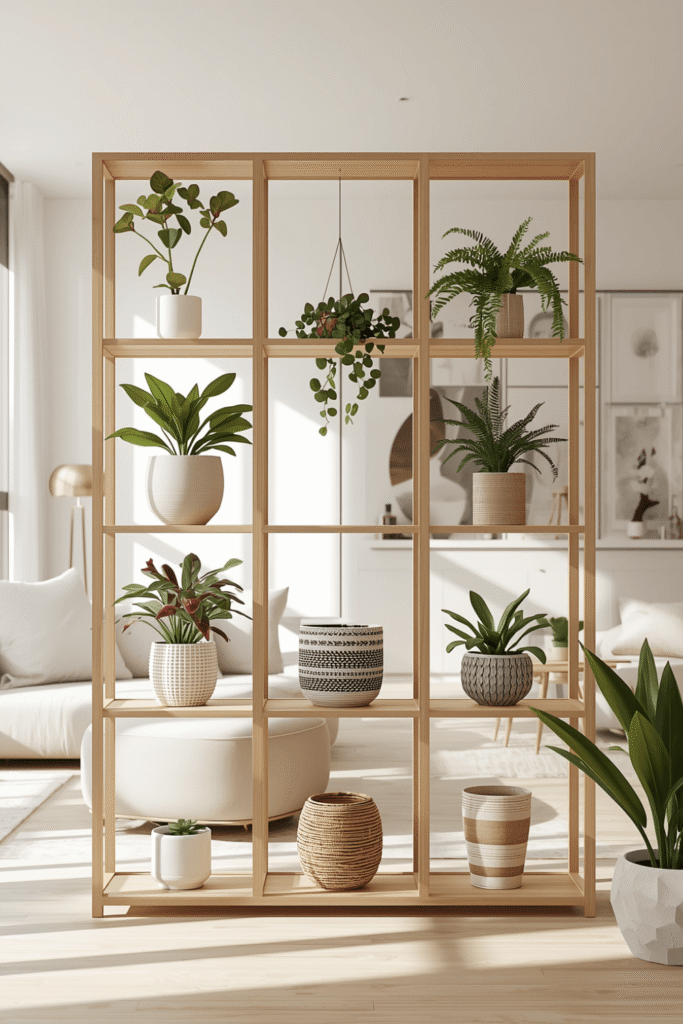 Modern Grid Wooden Room Divider Shelf with Indoor Plants for Stylish Living Spaces