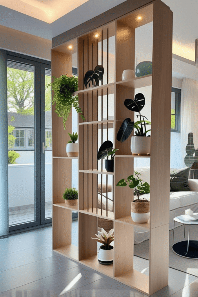 Modern Open Wooden Room Divider Shelf with Vertical Slats and Indoor Plants