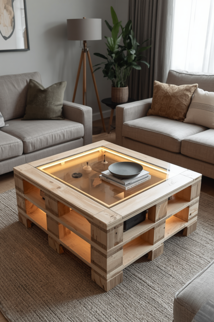 Modern Pallet Coffee Table with Glass Top and LED Lighting – Stylish Living Room Idea