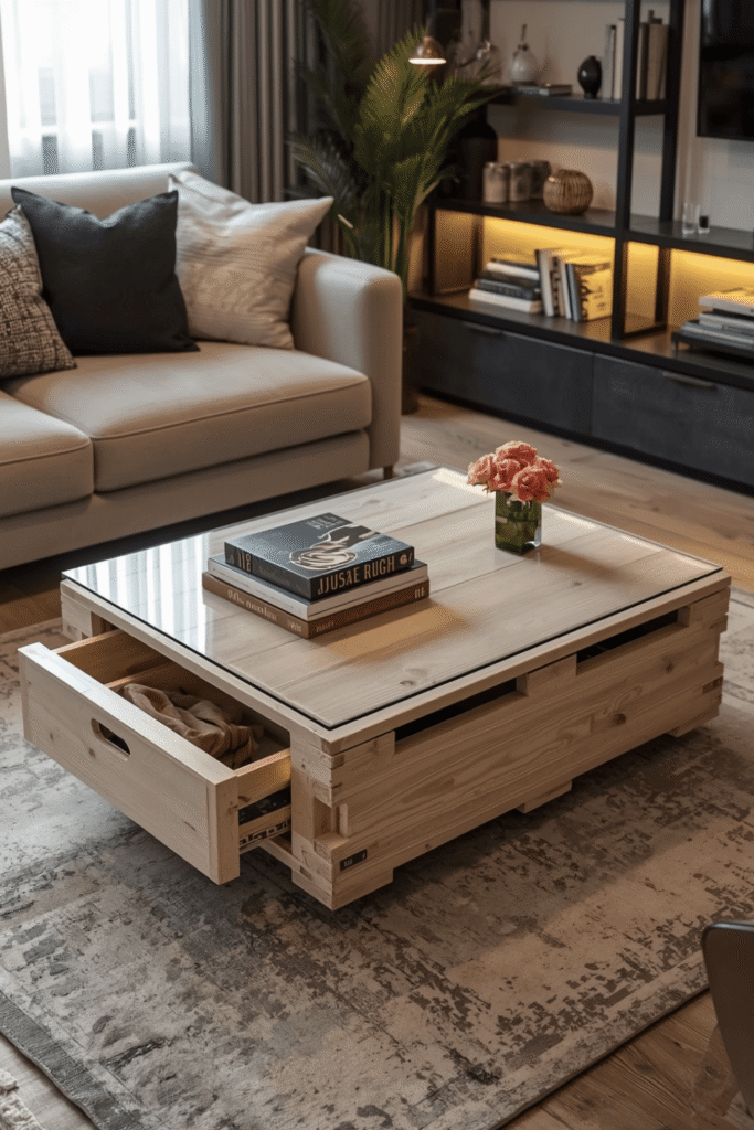 Modern Pallet Coffee Table with Glass Top and Storage Drawer – Elegant Living Room Idea