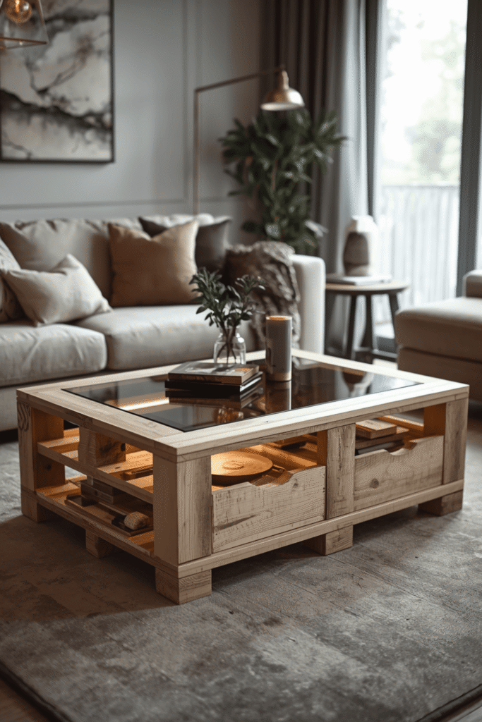Modern Pallet Coffee Table with Glass Top and Storage – Cozy Living Room Decor Idea