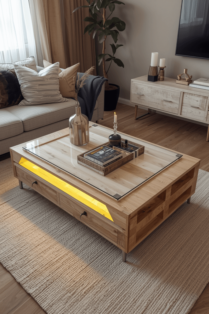 Modern Pallet Coffee Table with LED Strip and Glass Top – Stylish Living Room Idea