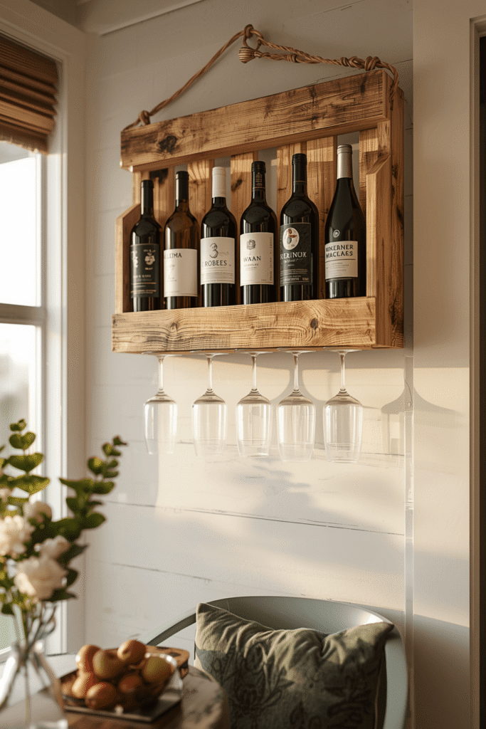 Modern Rustic Wooden Wine Rack Wall Shelf Home Bar Decor Idea Space-Saving Kitchen Storage Trend
