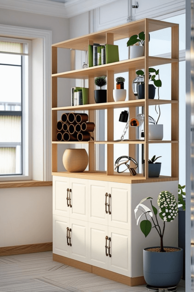 Modern Wooden Display Shelf with Cabinet Storage Stylish Home Organizer & Room Divider