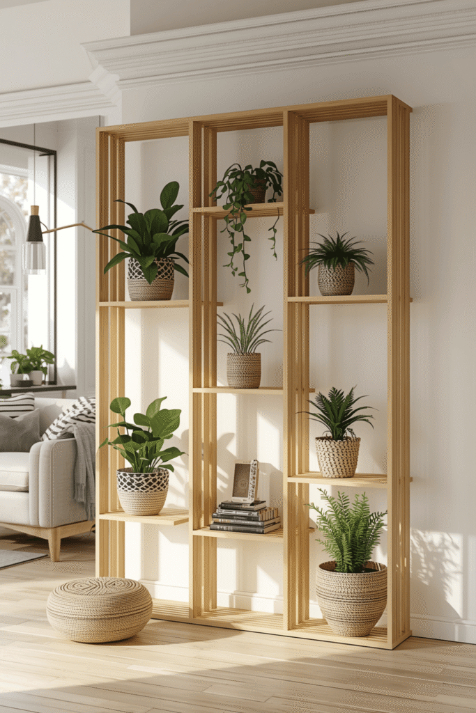 Modern Wooden Grid Room Divider Shelf with Indoor Plants for Bright Minimal Interiors