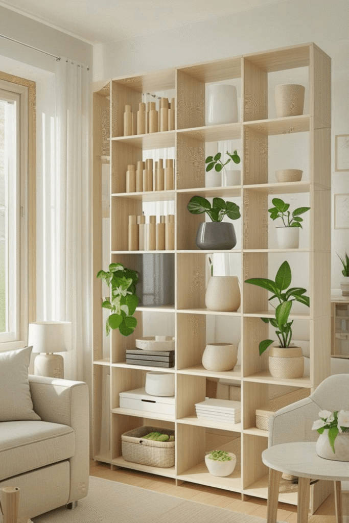 Modern Wooden Grid Shelf Unit with Indoor Plants Minimalist Storage & Living Room Decor