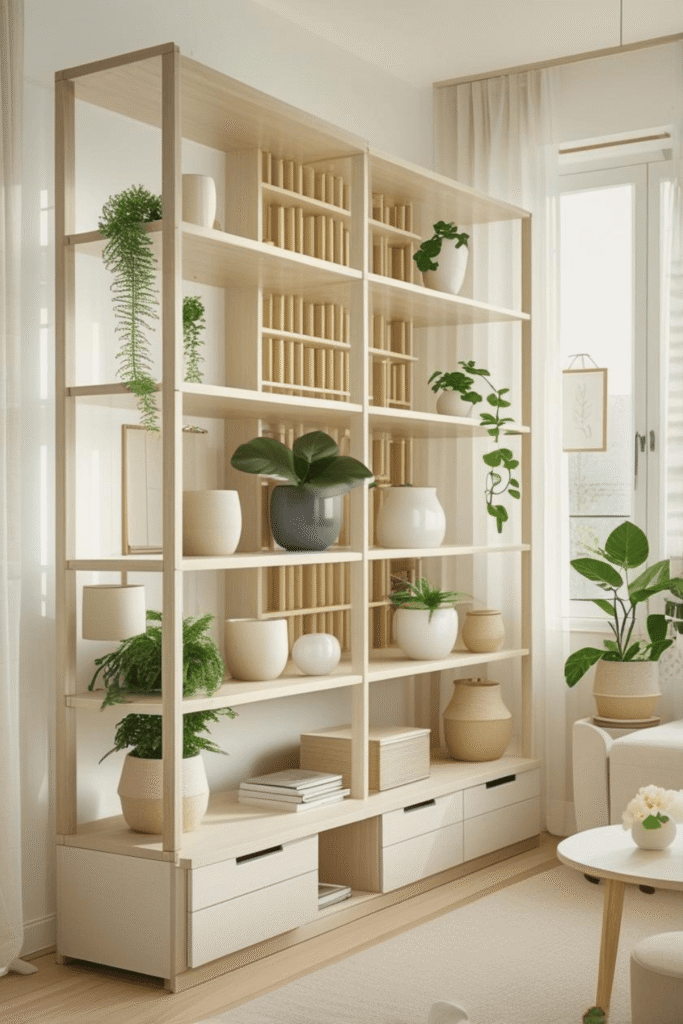 Modern Wooden Open Shelf Room Divider with Indoor Plants Minimalist Home Decor Storage