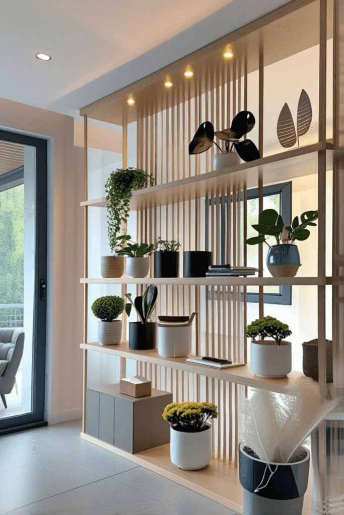 Modern Wooden Room Divider Shelf Design with Indoor Plants for Small Spaces