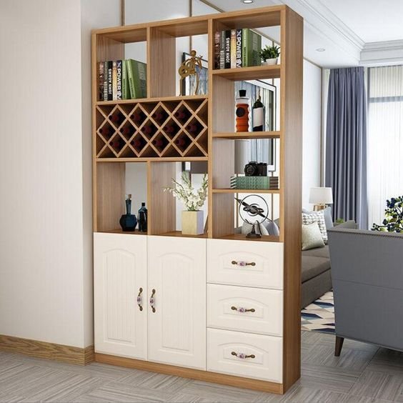 Modern Wooden Room Divider Shelf with Built-in Wine Rack & Storage Drawers Stylish Home Organizer