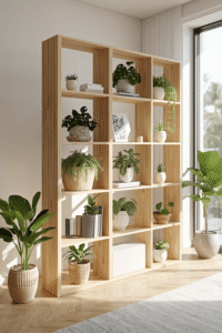 Modern Wooden Room Divider Shelf with Geometric Design Minimalist Plant Display Partition