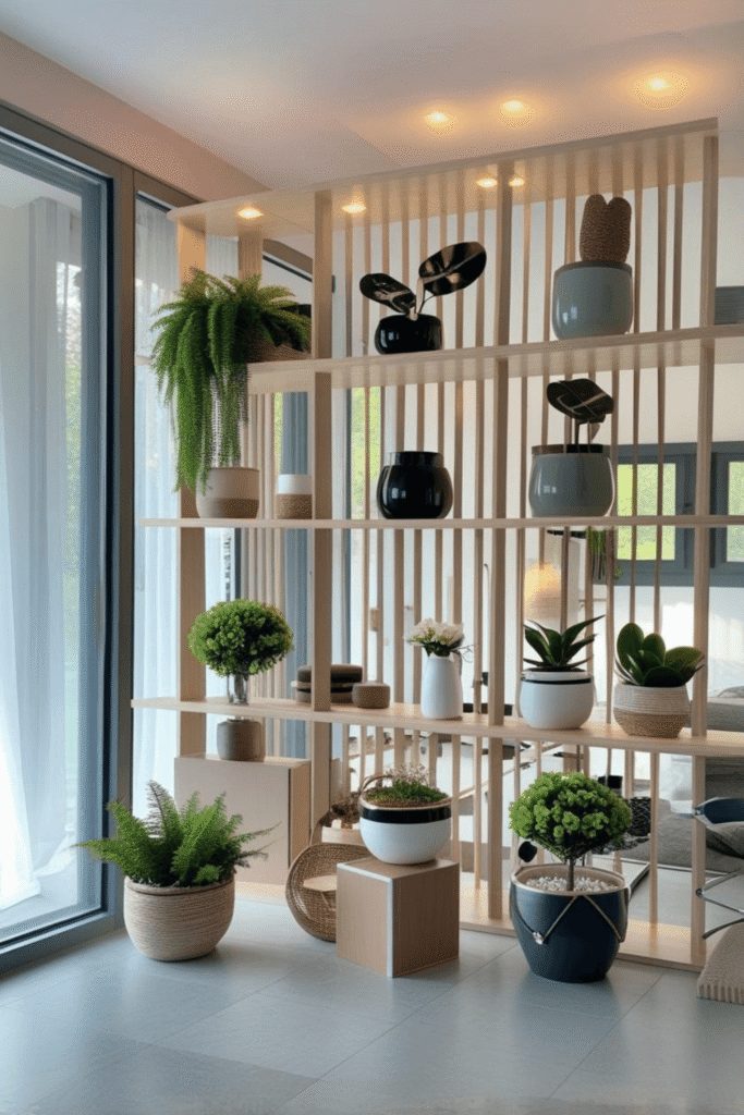 Modern Wooden Room Divider Shelf with Indoor Plant Styling and Warm LED Lighting Ideas