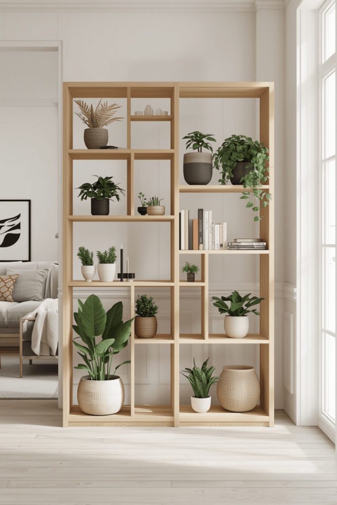 Modern Wooden Room Divider Shelf with Indoor Plants  Minimalist Home Partition