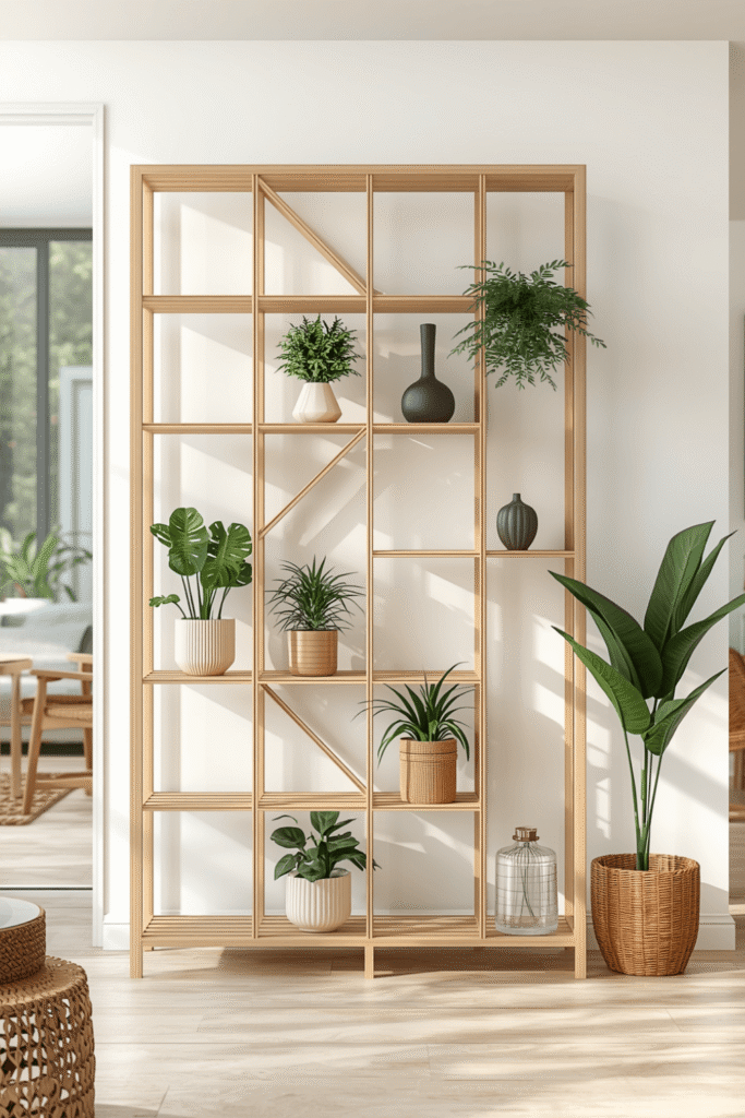 Modern Wooden Room Divider Shelf with Plants and Books Stylish Open Partition Design