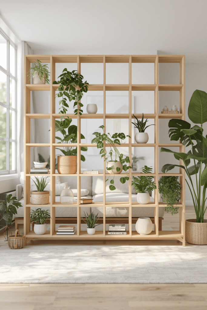 Modern Wooden Room Divider Shelf with Plants and Books  Stylish Open Partition Design