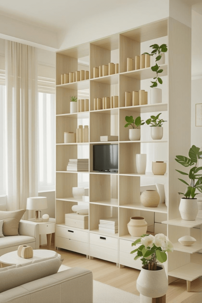 Modern Wooden Room Divider Shelf with Storage Drawers Minimalist Living Room Design