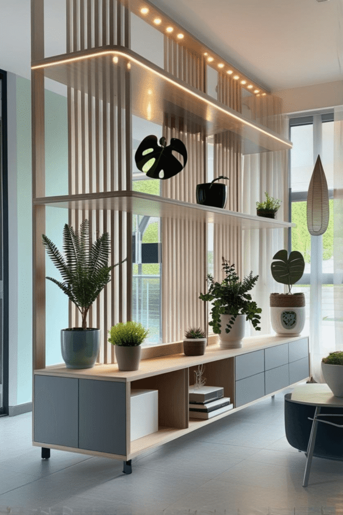 Modern Wooden Room Divider with LED Lighting and Indoor Plant Display Ideas