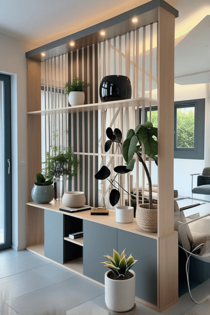 Modern Wooden Room Divider with Vertical Slats, Storage Cabinets and Indoor Plants
