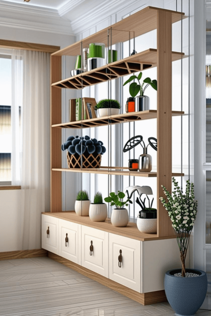 Modern Wooden Shelf Divider with Hanging Wine Rack & Storage Cabinets Luxury Living Room Design