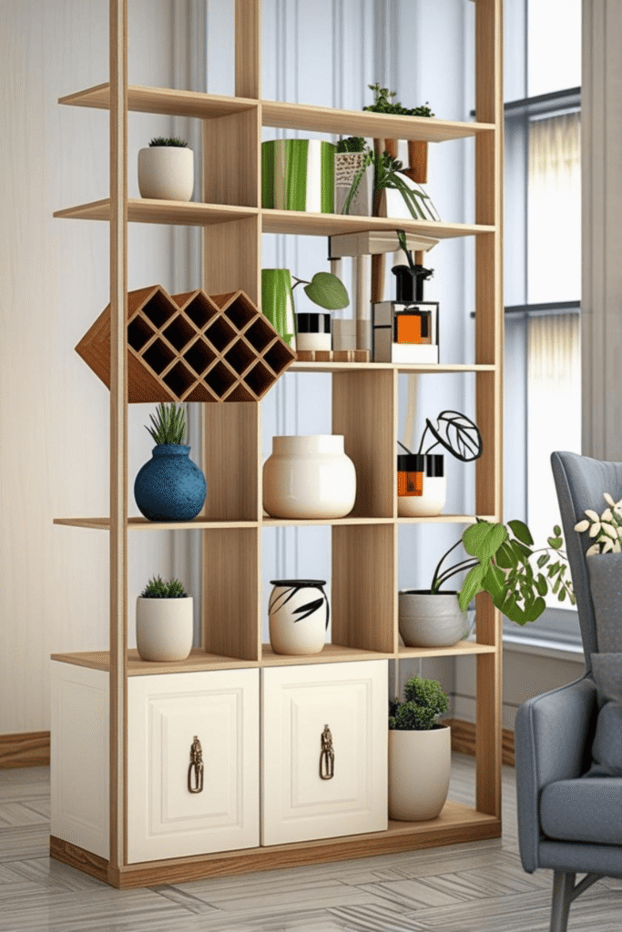 Modern Wooden Shelf Divider with Wine Rack & Storage Cabinets Stylish Home Decor Solution
