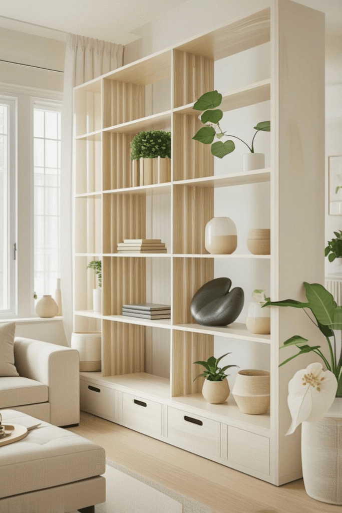 Modern Wooden Slatted Shelf Divider with Storage Cabinets Elegant Minimalist Living Room