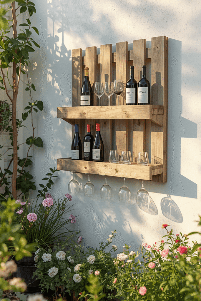 Outdoor Wooden Wine Rack Wall Shelf Rustic Garden Bar Decor Backyard Entertaining Trend