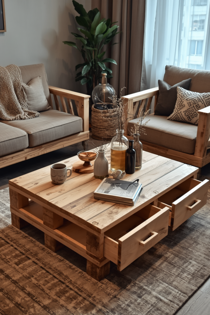 Rustic Pallet Coffee Table with Storage Drawers – Cozy and Functional Living Room Idea