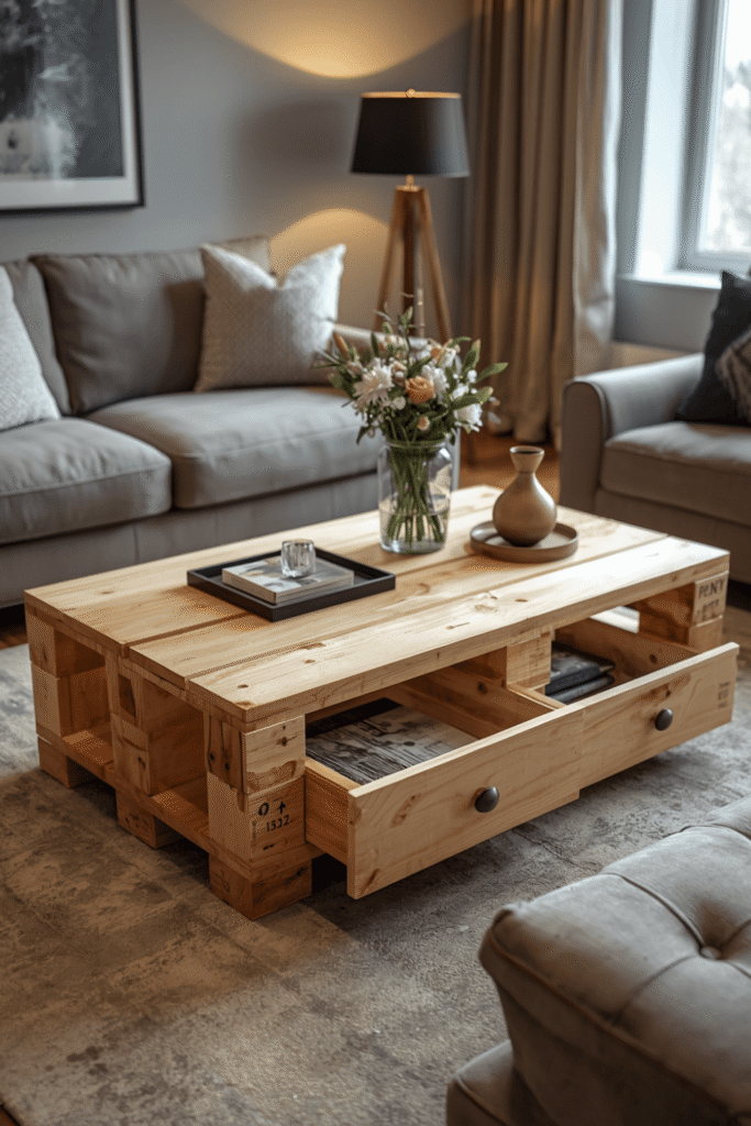 Rustic Pallet Coffee Table with Storage Drawers – Stylish DIY Living Room Idea