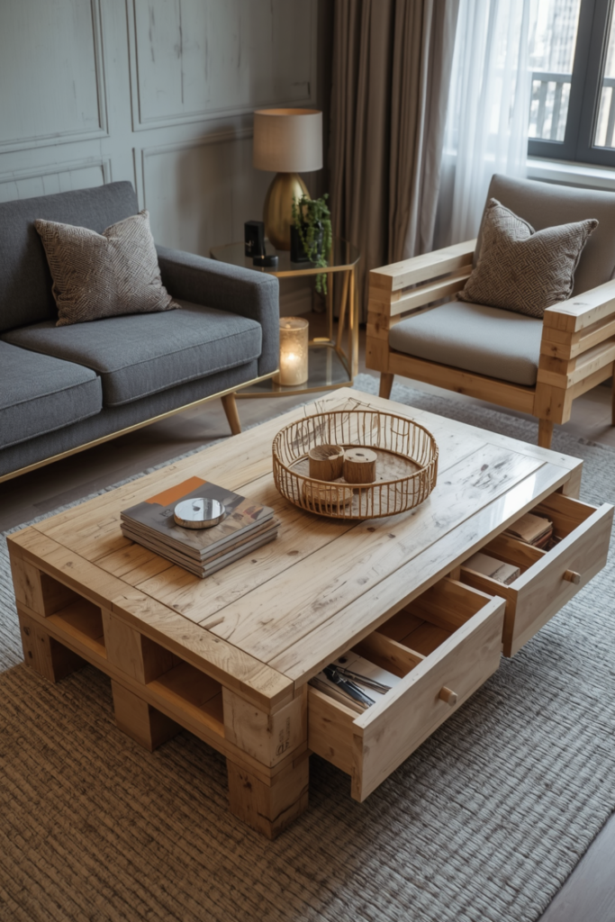 Rustic Pallet Coffee Table with Storage Drawers – Warm and Cozy Living Room Design