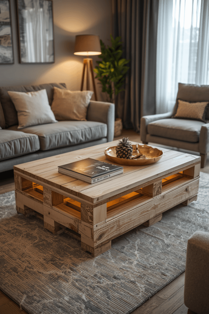 Rustic Pallet Coffee Table with Warm LED Lighting – Cozy Living Room Inspiration