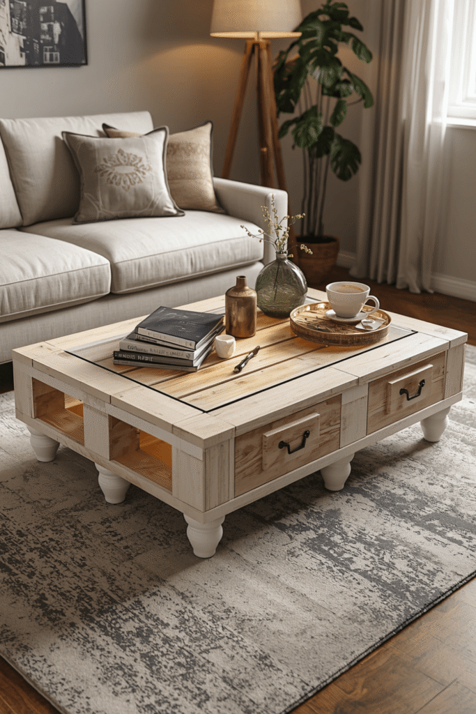 Rustic White Pallet Coffee Table with Storage Drawers – Elegant Living Room Idea