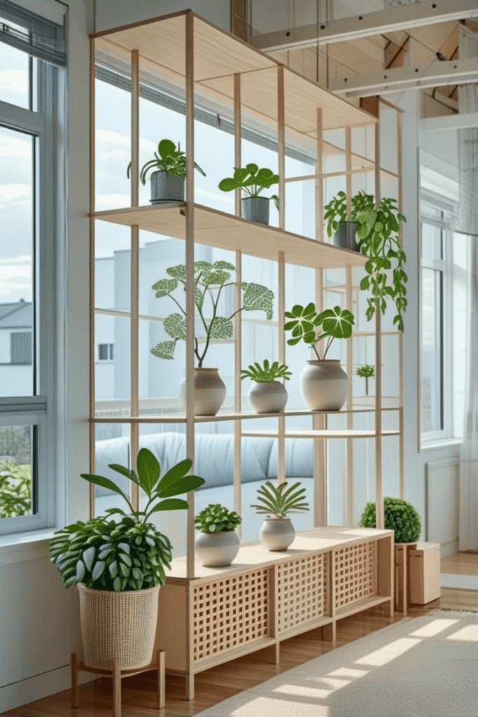 Scandinavian Style Wooden Room Divider Shelf with Indoor Plants for Bright Spaces