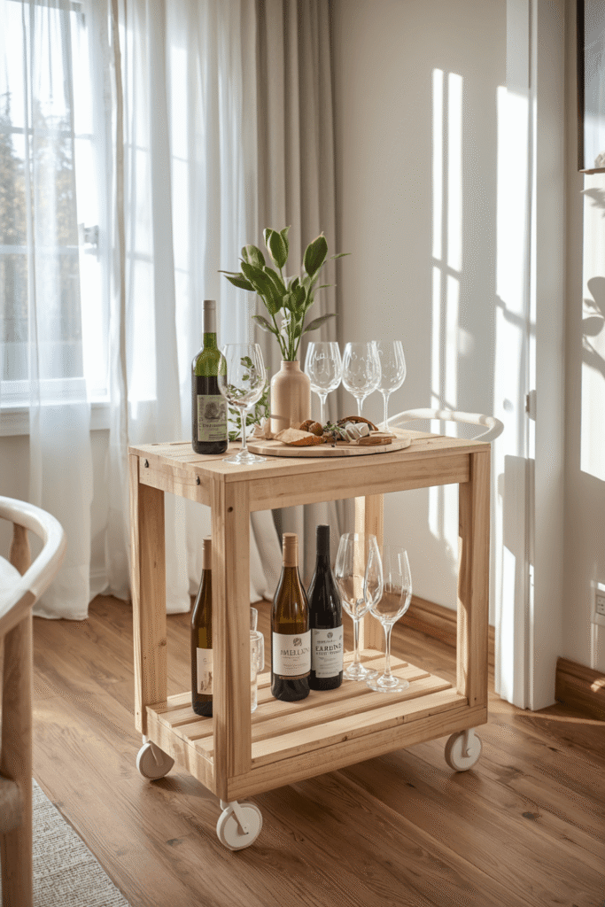 Scandinavian Wooden Bar Cart Minimalist Serving Trolley with Wheels Modern Home Decor Trend