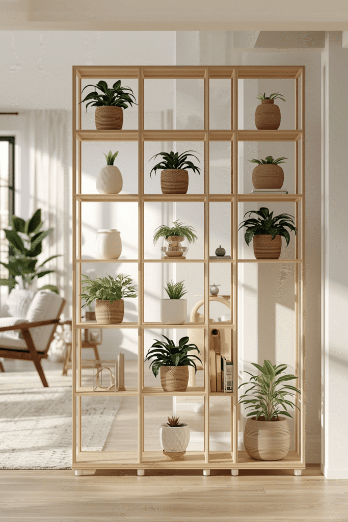 Scandinavian Wooden Grid Room Divider Shelf with Indoor Plants for Cozy Modern Interiors
