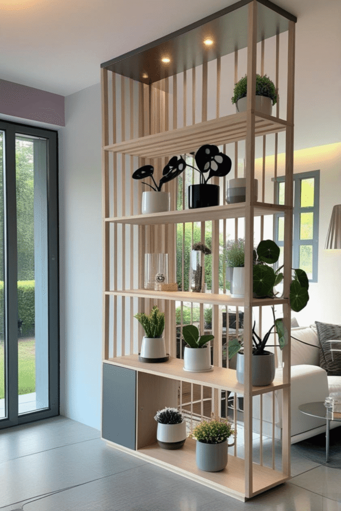 Slim Wooden Room Divider Shelf with Vertical Slats and Indoor Plant Display Ideas