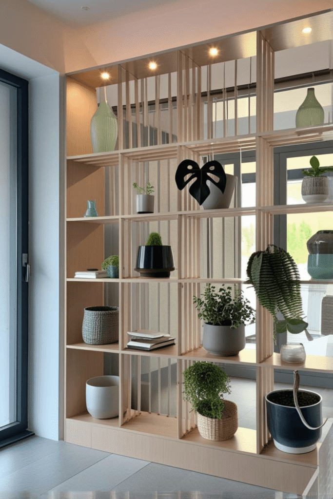 Stylish Open Wooden Partition Shelf with Indoor Plants for Modern Home Decor