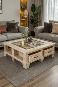 Stylish Pallet Coffee Table with Glass Top and Storage Drawers – Modern Living Room Idea