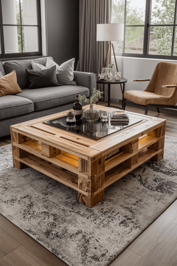 Modern Pallet Coffee Table with Glass Top and LED Lights – Stylish Living Room Design