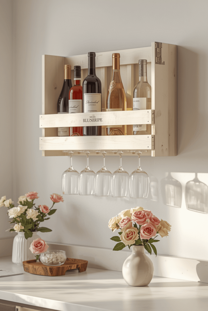 White Wooden Wine Rack Wall Shelf Farmhouse Kitchen Decor Elegant Space-Saving Storage Trend