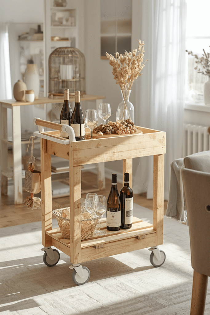 Wooden Bar Cart with Wheels Modern Rustic Serving Trolley Minimalist Home Bar Decor Trend