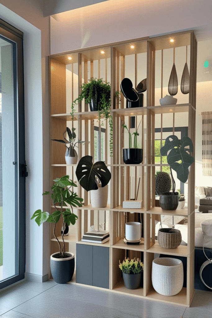 Wooden Room Divider Shelf with Indoor Plants and Decorative Storage for Modern Homes
