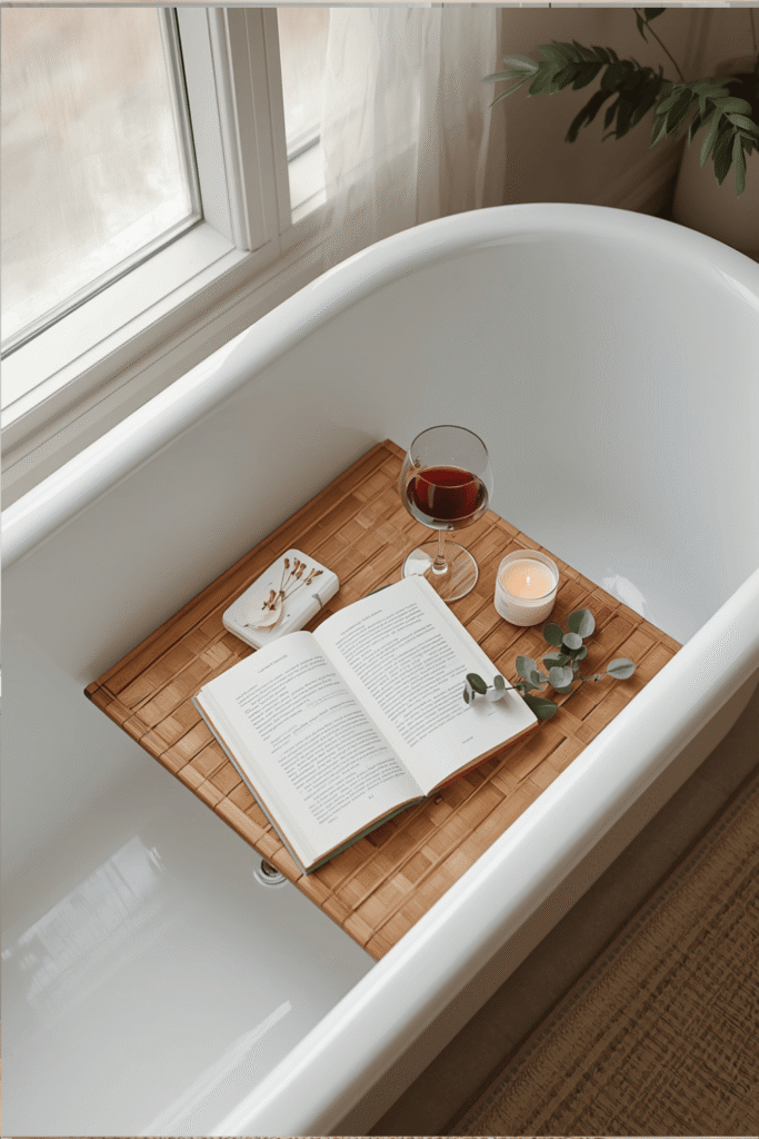 1. SereneLife Bamboo Bath Caddy Tray