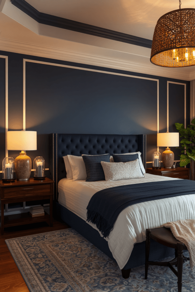 10. Navy Blue Bedroom With Ambient Lighting Layers