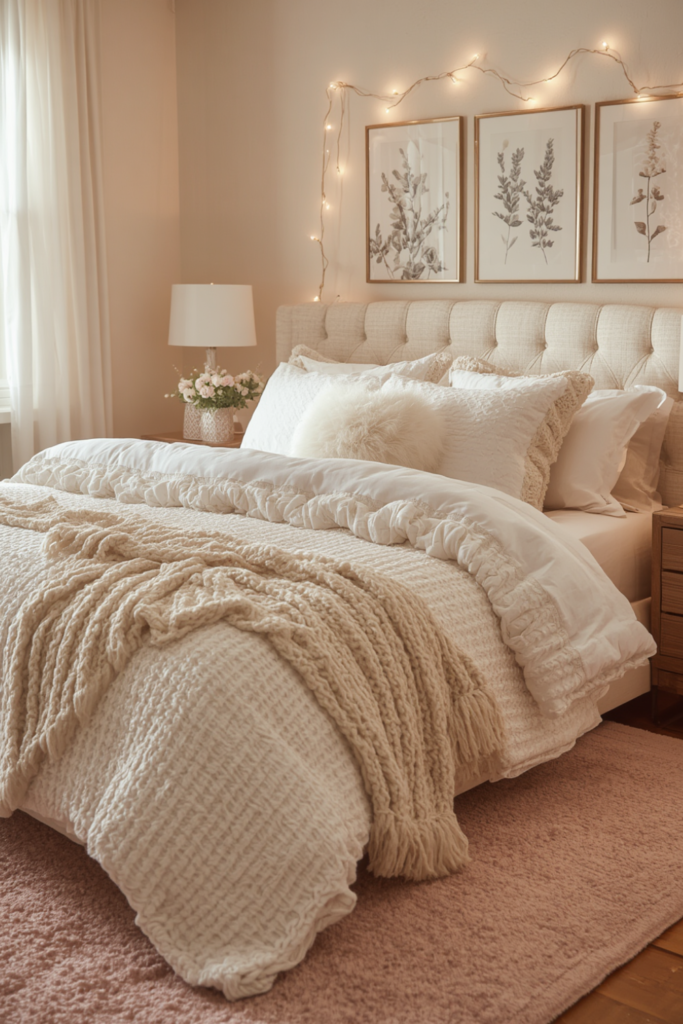 A luxurious all-white dorm bed with rich mixed textures — chunky white cable knit throw, waffle-weave white duvet cover, smooth white cotton pillow cases, white faux fur accent pillow, dimensional layered look catching warm window light, botanical art prints on wall behind with fairy lights, cream tufted headboard, wooden dresser, white lamp, blush pink rug on floor, elegant feminine aesthetic, editorial photography. Style: Realistic lifestyle photography, warm golden lighting, cream beige walls, upholstered headboard, botanical wall art gallery with fairy lights, chunky knit throw, floral ruffled bedding, pink rug on floor, wooden nightstand with lamp — soul of lion apartment decorating aesthetic