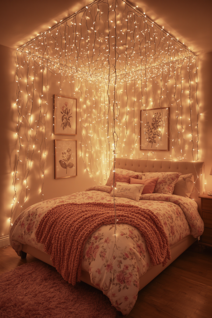 14. Fairy Lights as a Bed Canopy